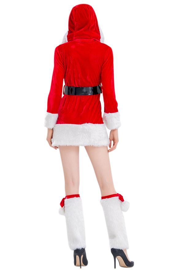 Fancy Fur Trim Hooded Christmas Santa Costume For Women Red-Pinkami