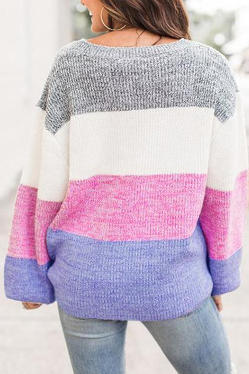 Casual Patchwork Multicolor Sweater-Pinkami