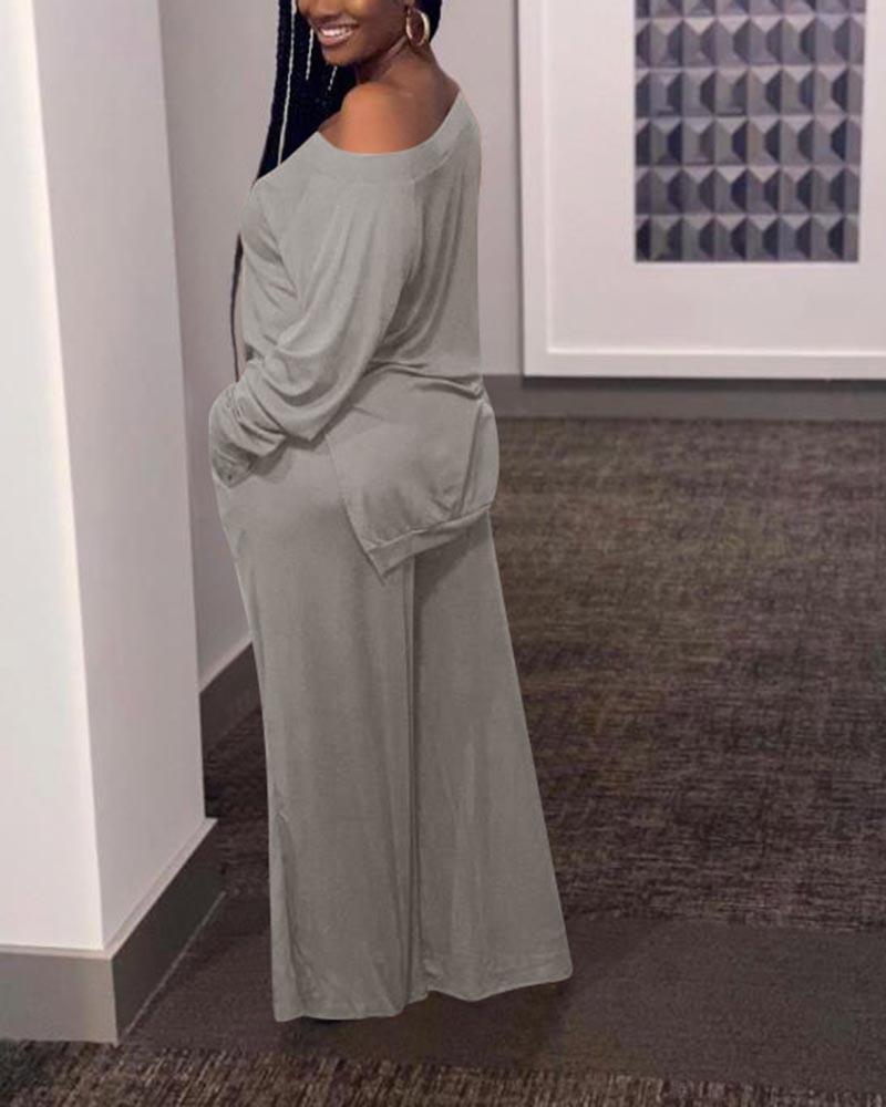 Solid Split Hem Boat Neck Top & Pants Set-Pinkami