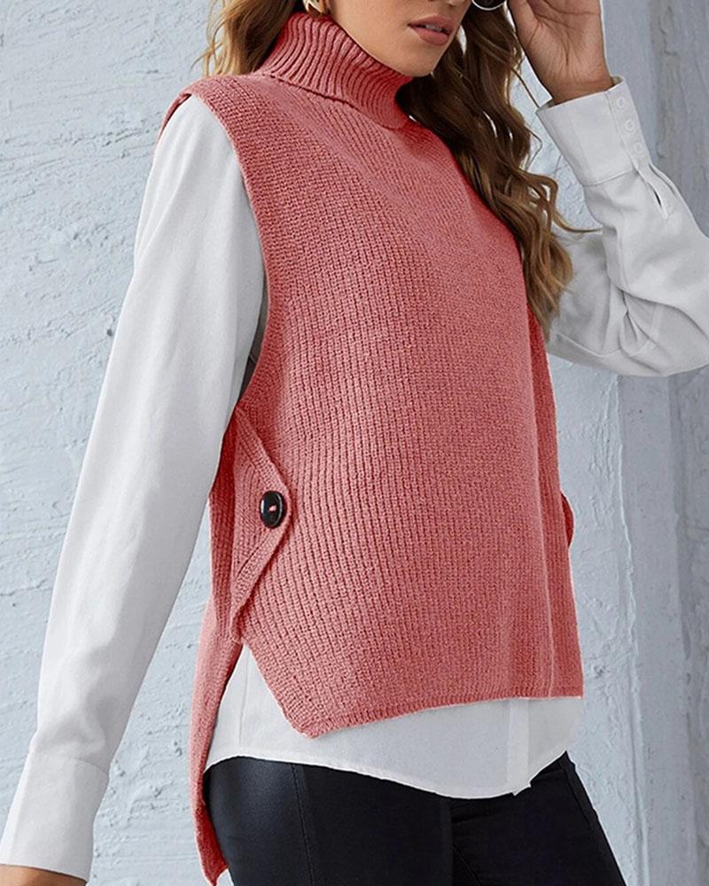 Ribbed Sleeveless High Low Button Detail Sweater-Pinkami
