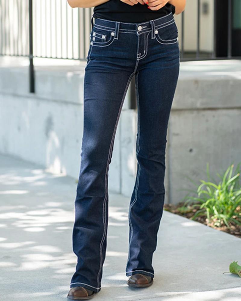 Women Sequins Pocket Detail High Waist Jeans-Pinkami