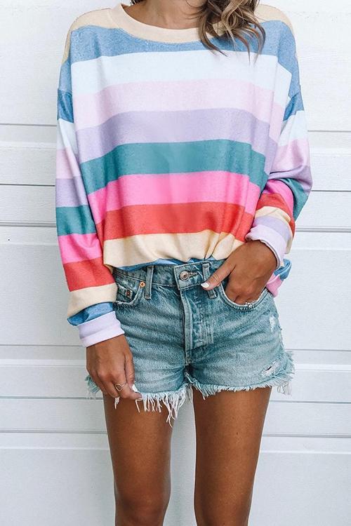 Rainbow Stripe Loose T-Shirt-Pinkami