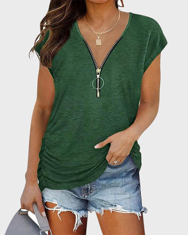 Half Zip Ruched Side T-Shirt-Pinkami