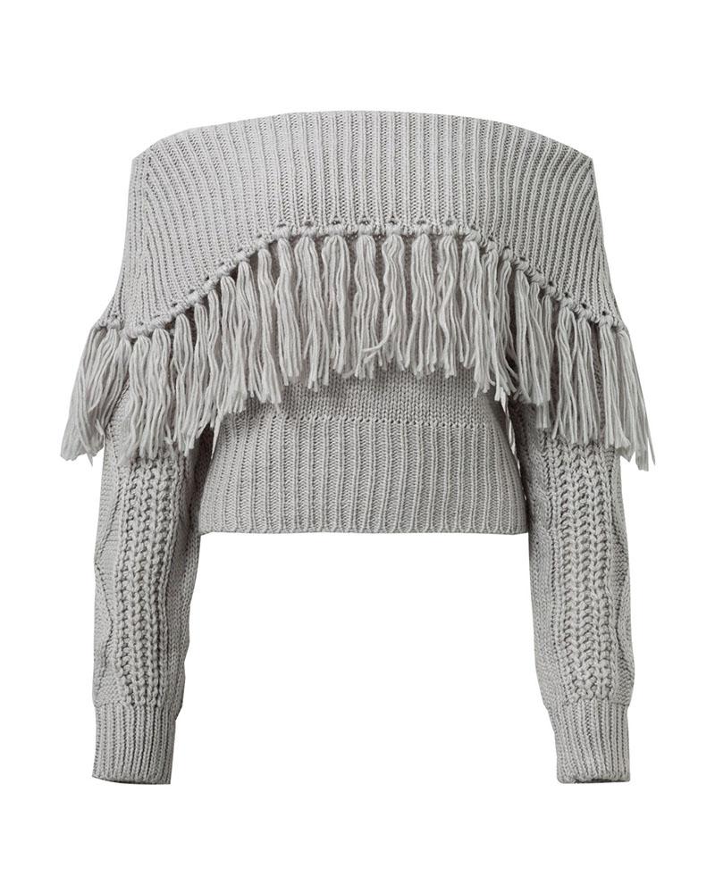 Off Shoulder Fringe Trim Mixed Knit Sweater-Pinkami