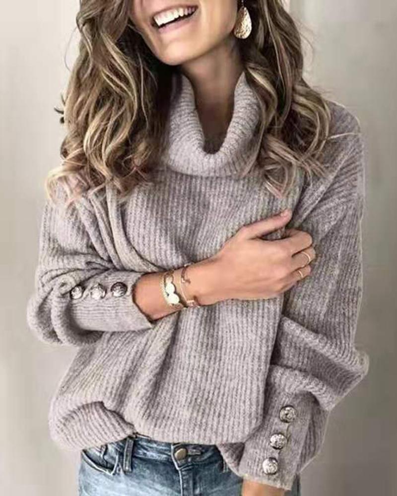 Solid Button Detail Ribbed High Neck Sweater-Pinkami