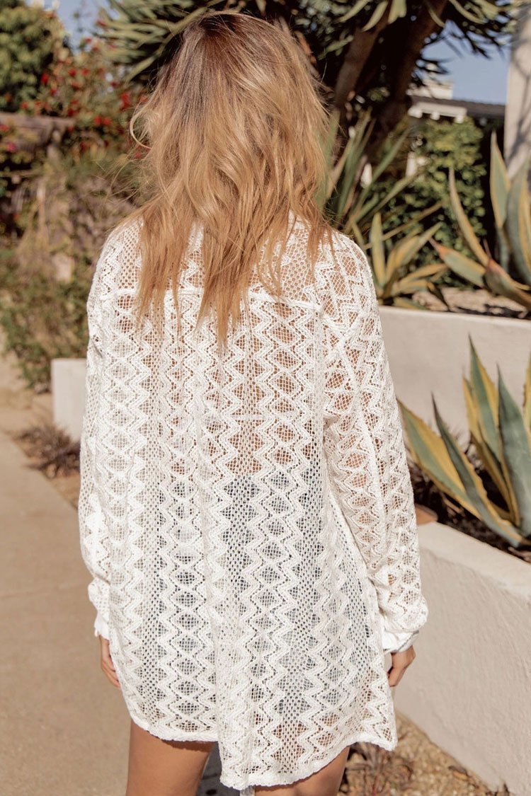 Sleeved Sheer Lace Crochet Cover Up Blouse-Pinkami