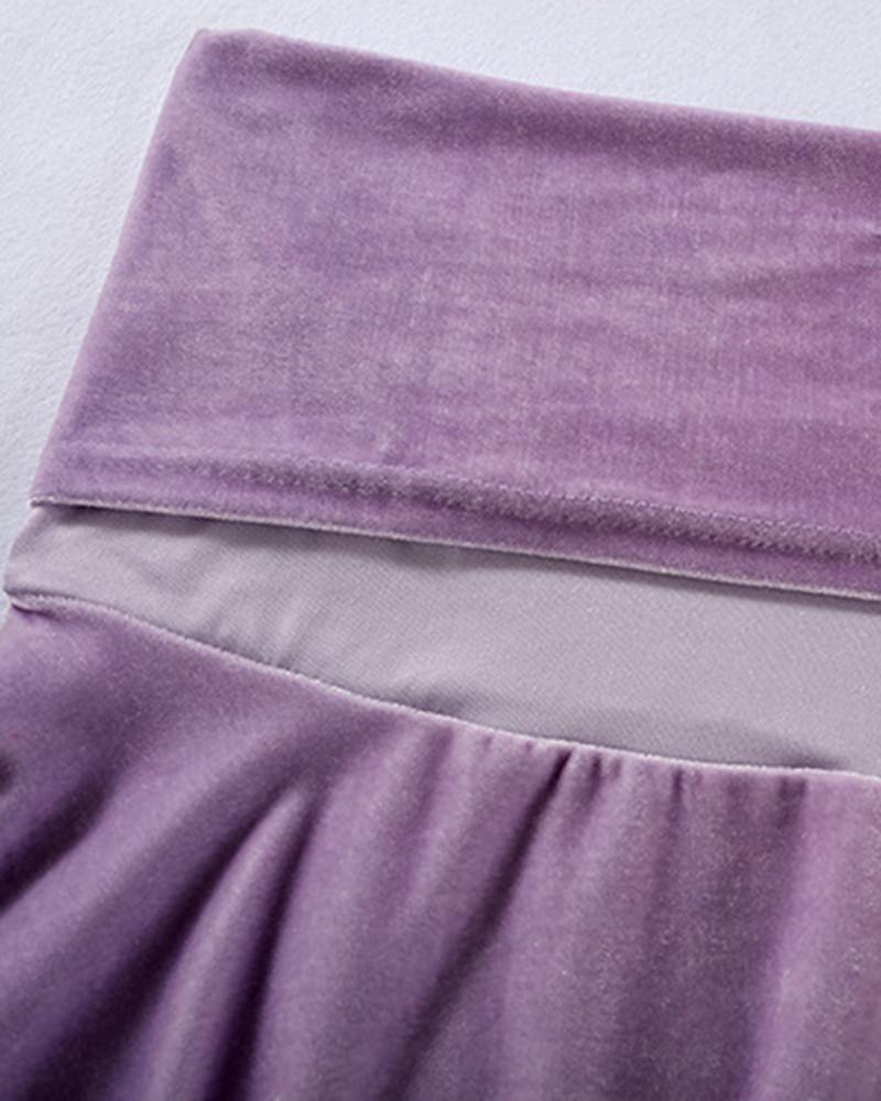 Solid Velvet Drawstring Boat Neck Top & Pants Set-Pinkami