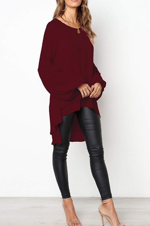 Puff Sleeve Lrregular Hem Solid Color Long Sleeve T-Shirt-Pinkami