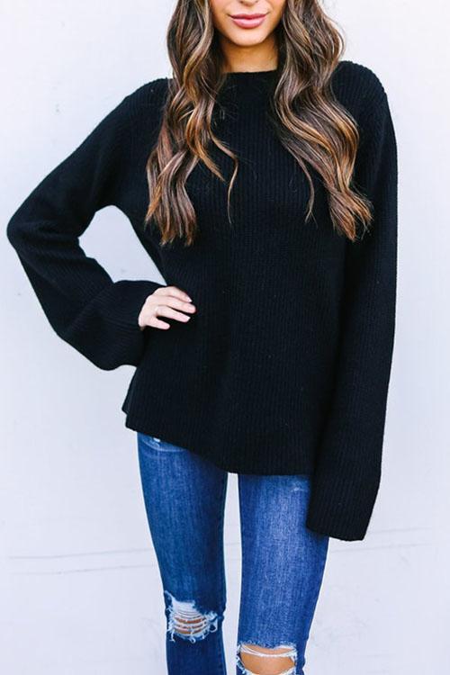 Rear V-Tie Strap Trumpet Sleeve Cardigan Sweater-Pinkami