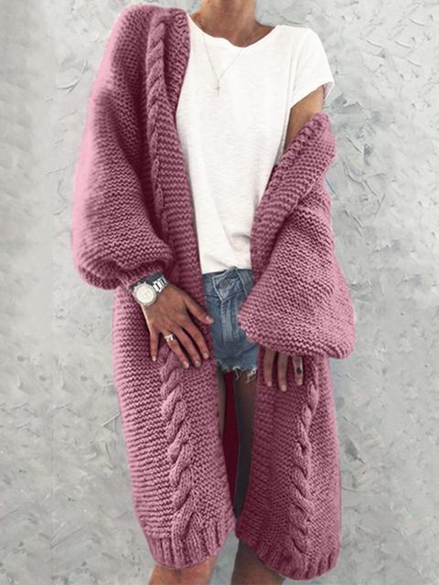 Collarless Knitted Cardigan Long Coat-Pinkami