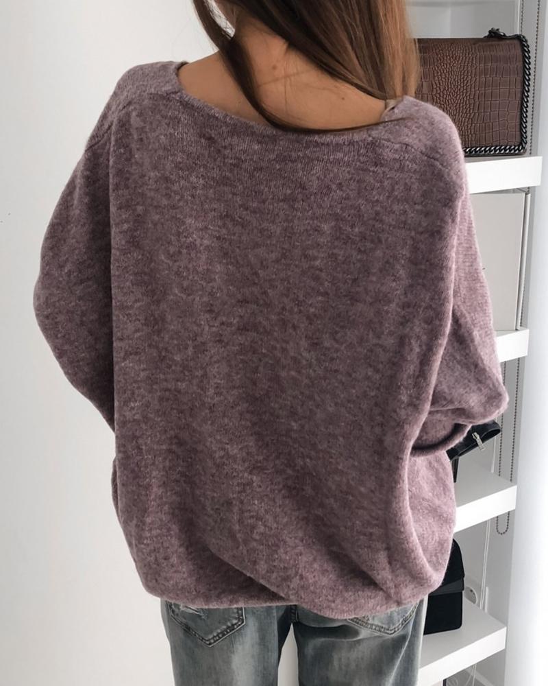 Solid Long Sleeve V Neck Sweater-Pinkami