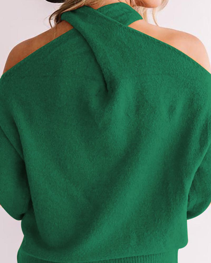 Solid Cold Shoulder Rib Knit Sweater-Pinkami
