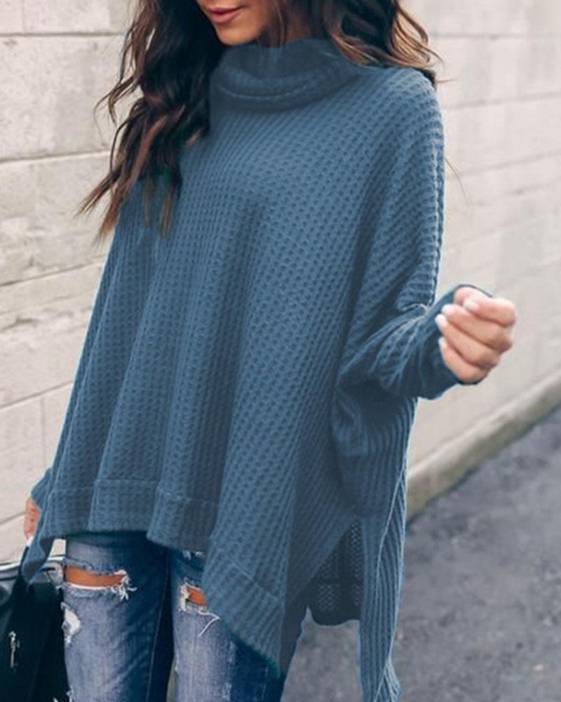 Solid Split Hem High Neck Sweater-Pinkami