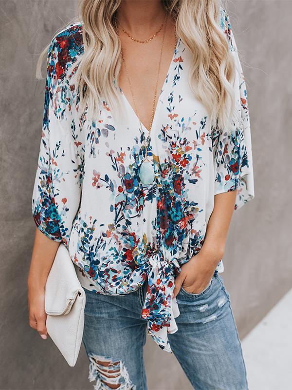 Red Chiffon Floral Print V Neck Half Bow Tie Loose Blouse-Pinkami