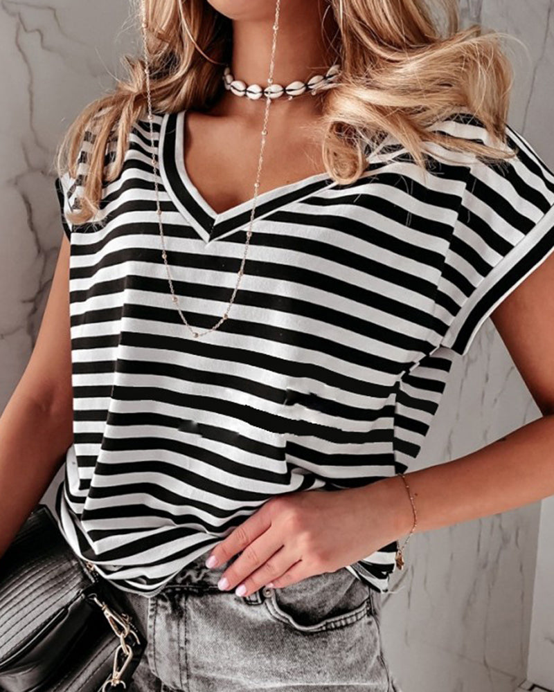 Striped V Neck Short Sleeve T-Shirt-Pinkami