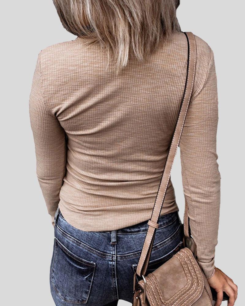 Ribbed Knit Ruched Button Decor Bodycon Sweater