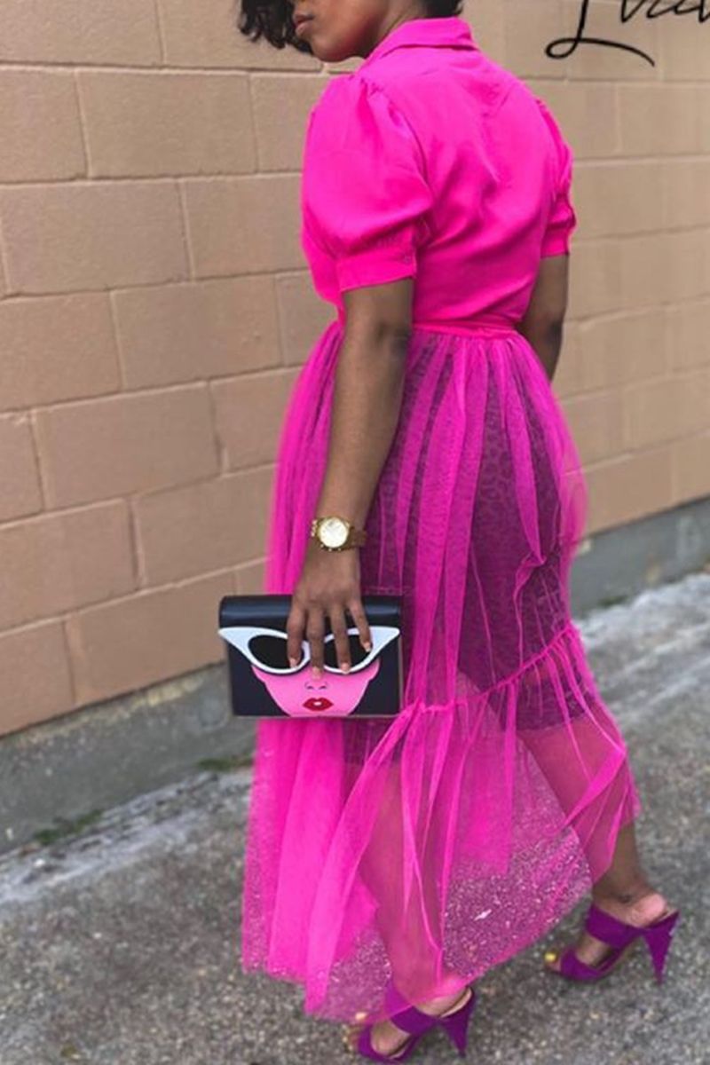 Pleated Contrast Mesh Maxi Shirt Dress