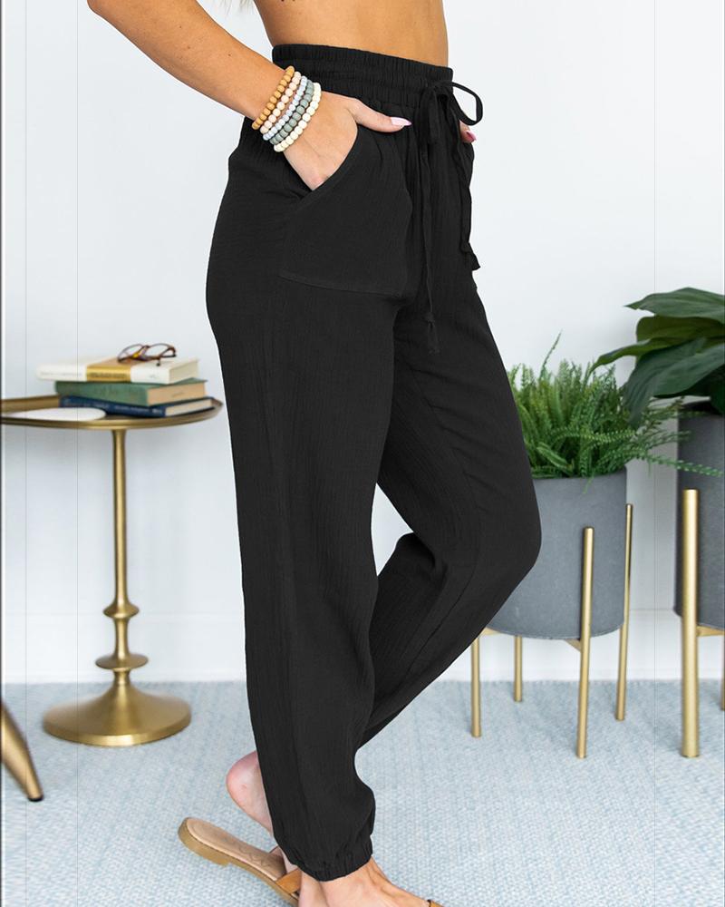 Solid Slant Pocket Drawstring Waist Joggers For Women-Pinkami