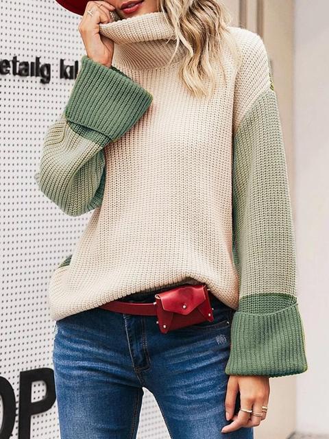 Color Block Loose Funnel Neck Sweater-Pinkami