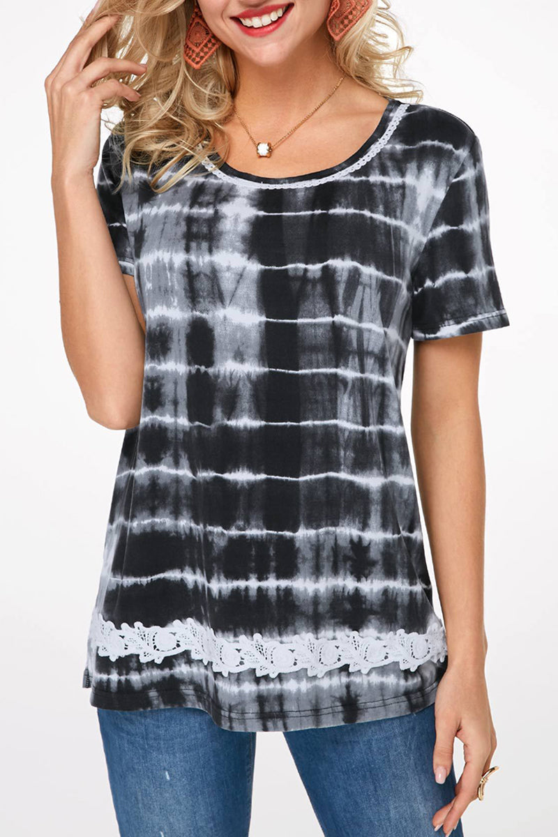 Ombre Lace Insert Round Neck T-Shirt-Pinkami