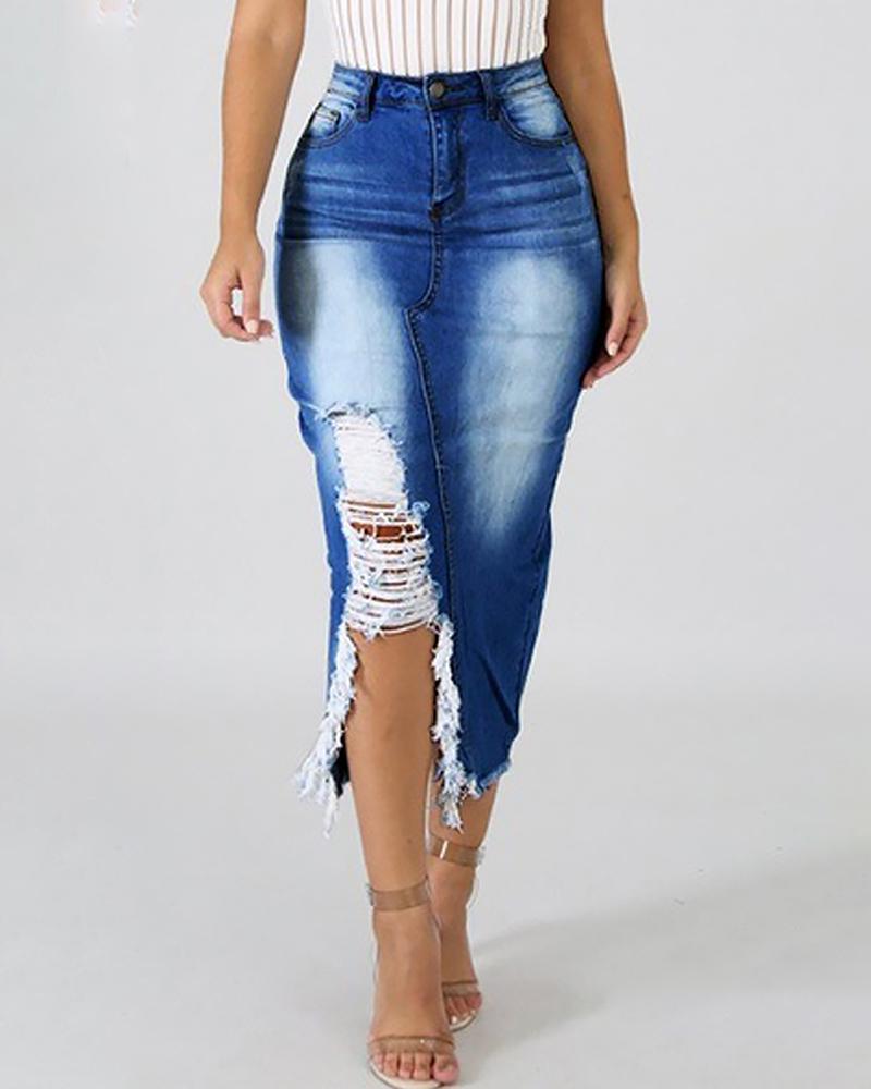 Women Split Side Raw Hem High Waist Denim Skirt-Pinkami