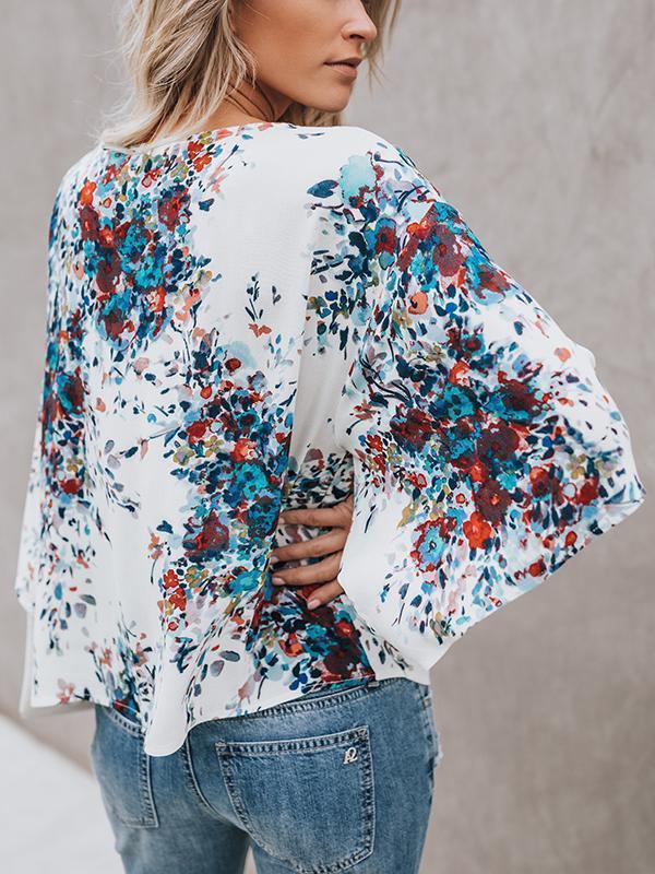 Red Chiffon Floral Print V Neck Half Bow Tie Loose Blouse-Pinkami