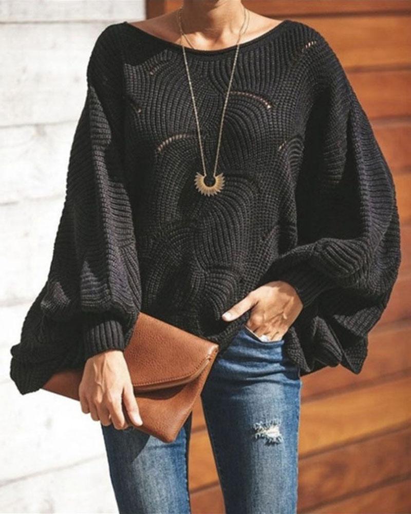 Open Knit Lantern Sleeve Scallop Hem Oversized Sweater-Pinkami