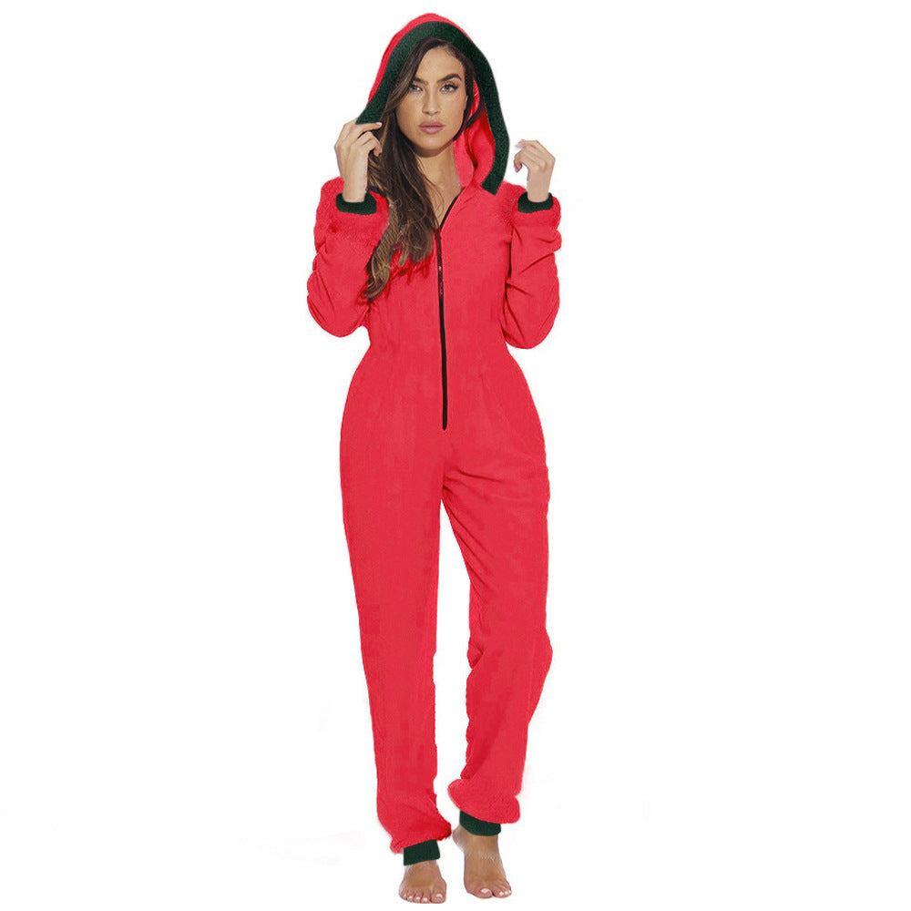 Womens Zipper Santa Onesie With Hood Red-Pinkami