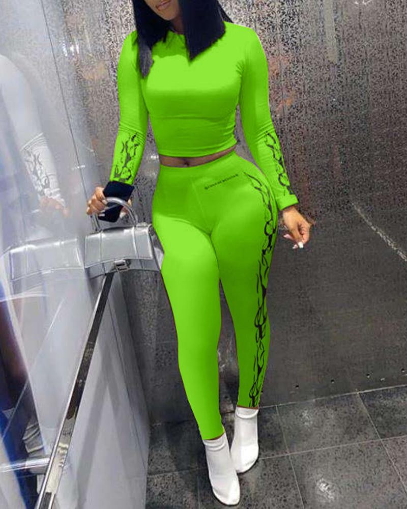 Letter & Graphic Print Long Sleeve Top & Pants Set-Pinkami