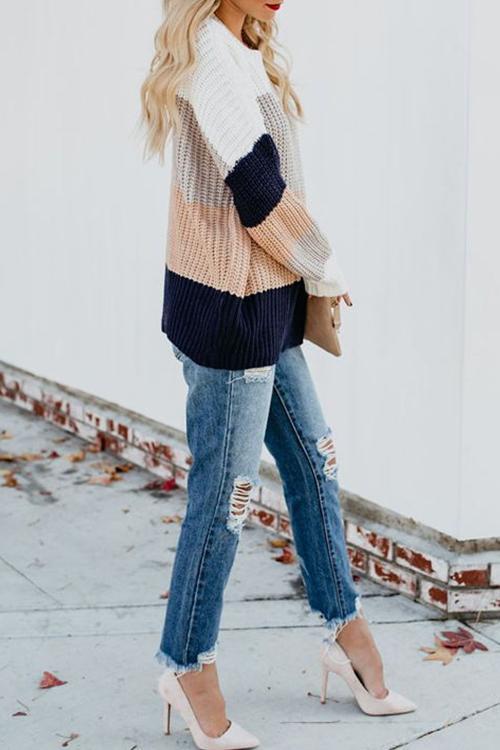 Striped Loose Multi-color Sweater-Pinkami