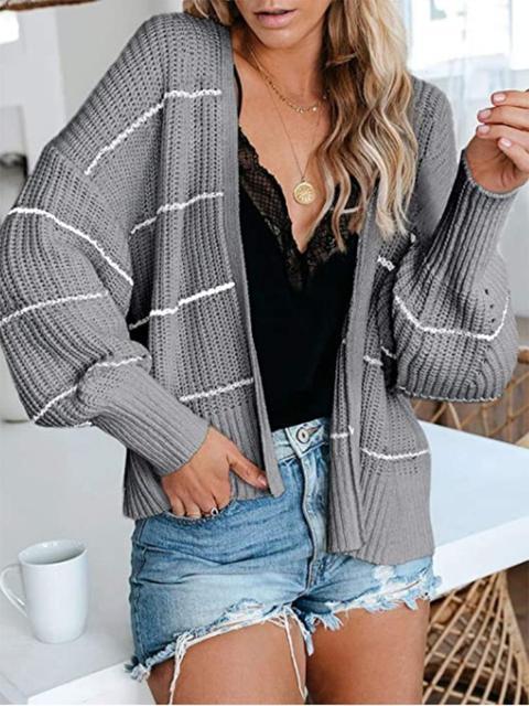 Striped Long Sleeve Loose Sweater Cardigan-Pinkami