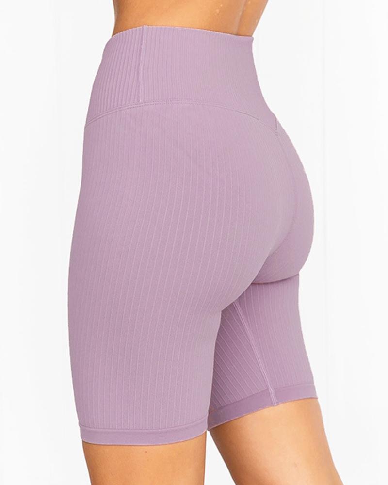 Rib-knit Wide Waistband Butt Lifting Sports Shorts-Pinkami