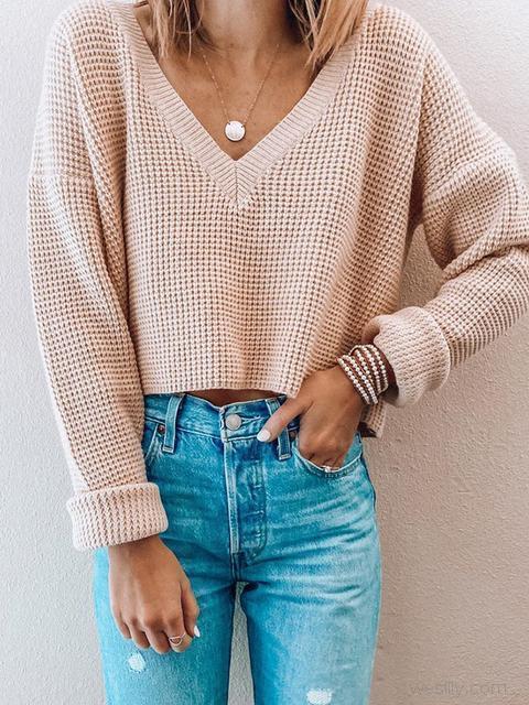 Solid Colored V-neck Pullover Short Sweater Jumper-Pinkami