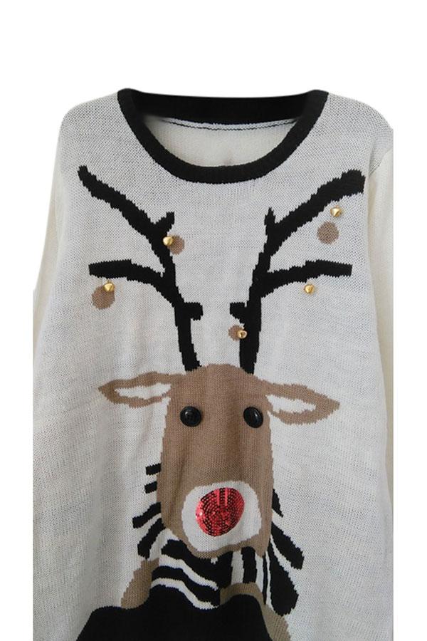 Womens Small Bell Reindeer Ugly Christmas Sweater White-Pinkami