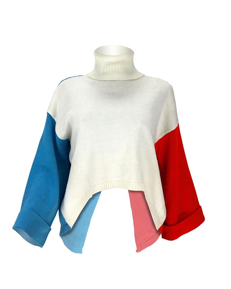 Colorblock Split Asymmetrical Hem High Neck Drop Shoulder Sweater-Pinkami