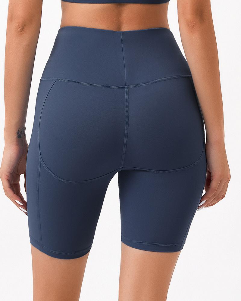 Solid Stitch Trim High Waist Biker Sports Shorts-Pinkami