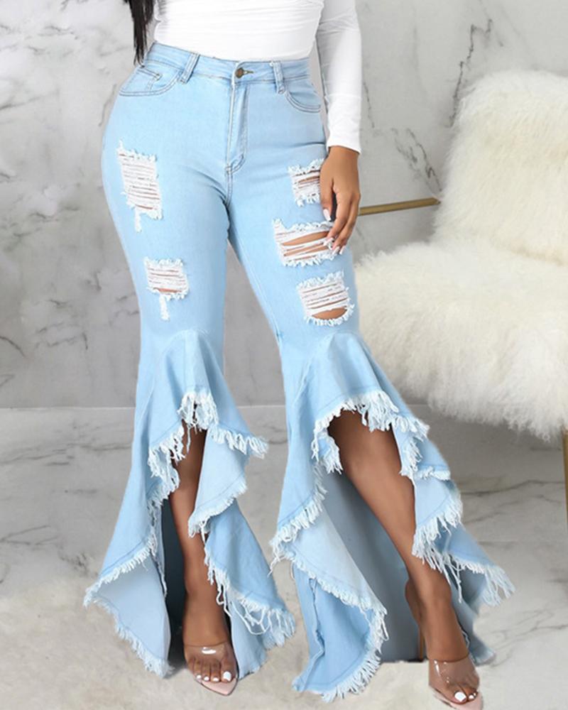 Women Ripped Raw Edge Ruffle Trim Flare Jeans-Pinkami