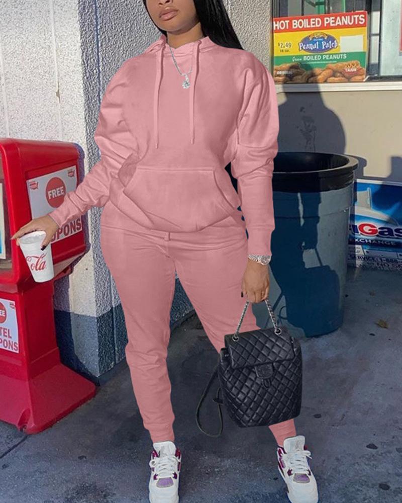 Solid Drawstring Detail Hooded Top & Pants Set-Pinkami