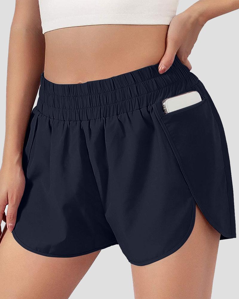 Pocket Decor Overlap Hem High Waist Sports Shorts-Pinkami