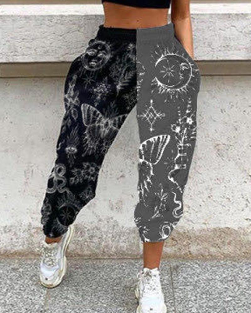 Colorblock & Graphic Print Slant Pocket Sports Pants For Women-Pinkami