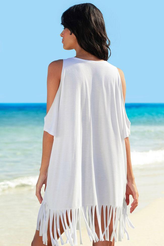 Basic Letter Printed Cold Shoulder Fringed Cover Up Dress-Pinkami