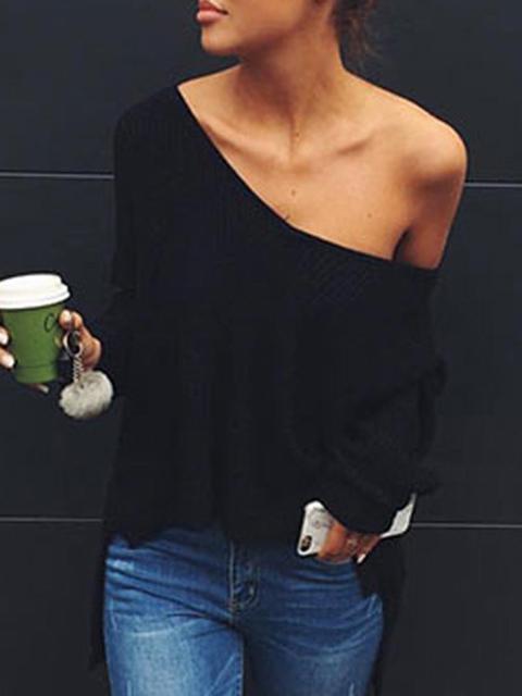 Loose V-neck Solid Color Knitted Sweater-Pinkami