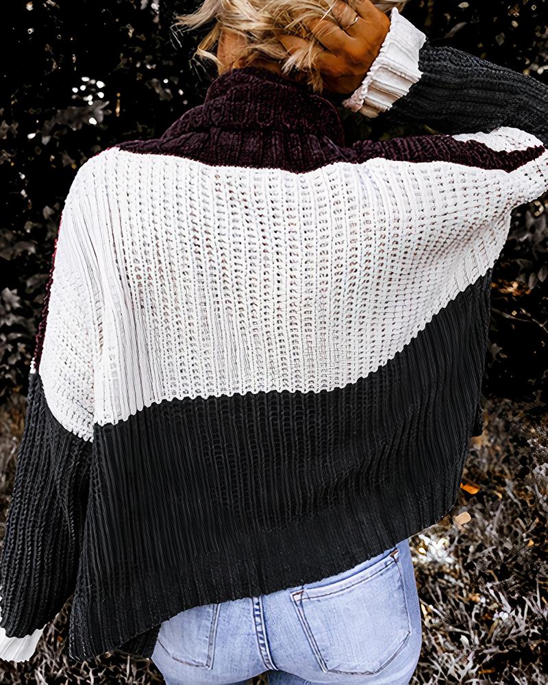 Colorblock Cowl Neck Long Sleeve Sweater-Pinkami