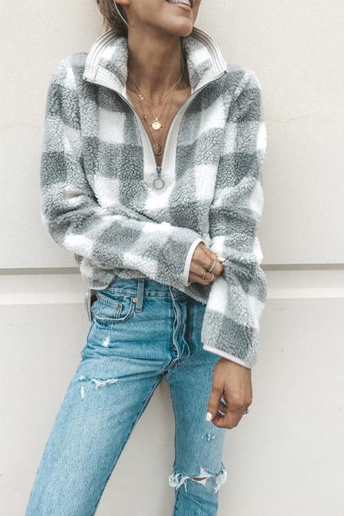 Plaid Long Sleeve High Collar Zip Hoodie-Pinkami