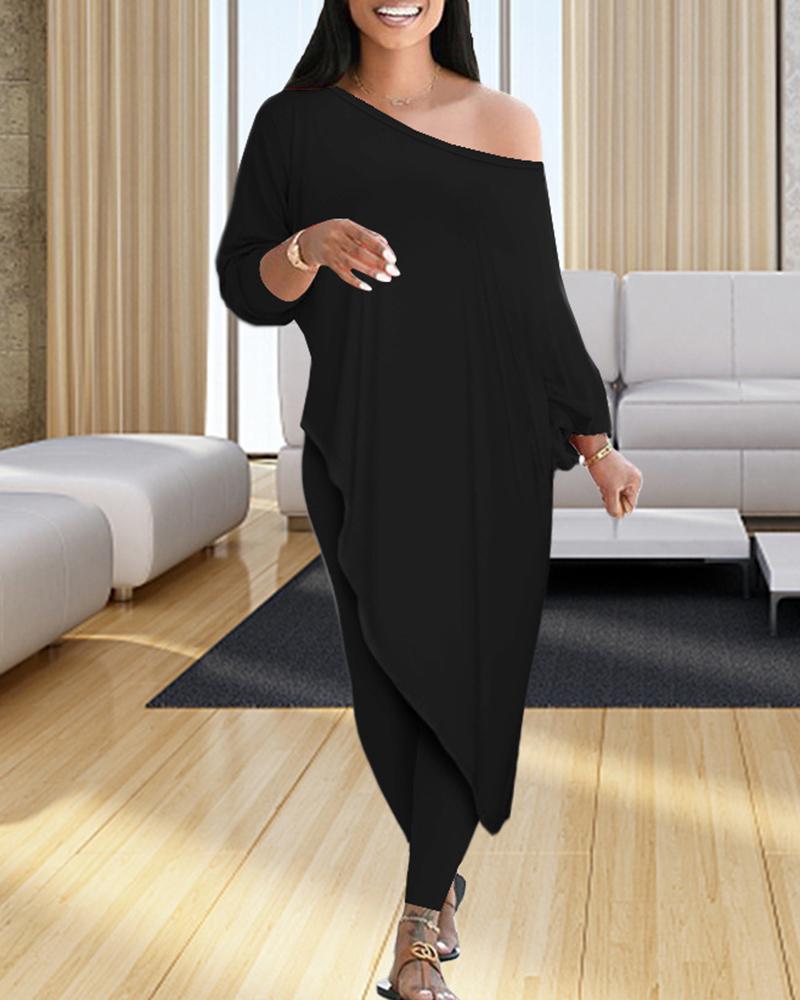 Solid Boat Neck Asymmetrical Long Sleeve Top & Pants Set-Pinkami