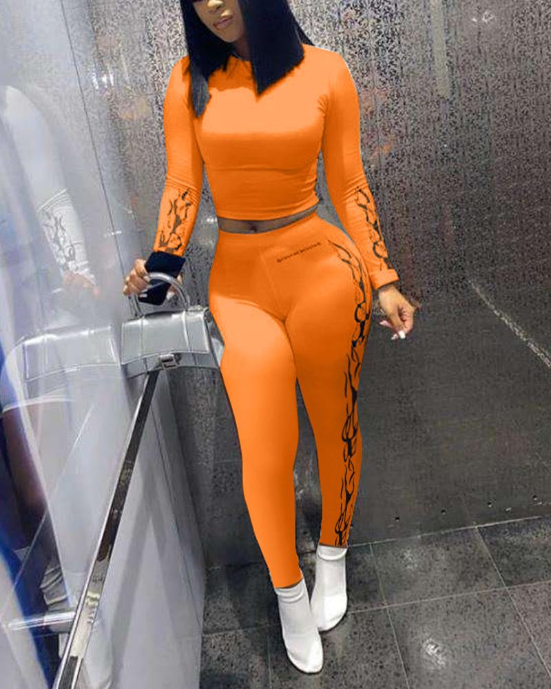 Letter & Graphic Print Long Sleeve Top & Pants Set-Pinkami