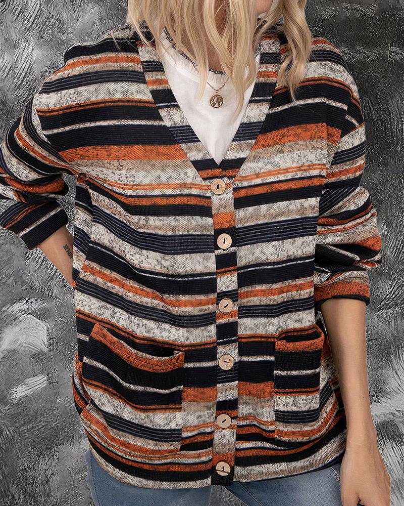 Striped Button Up Dual Pocket Sweater-Pinkami