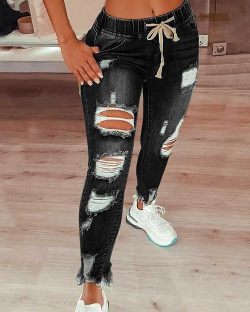 Women Plus Extreme Distressed Drawstring Waist Jeans-Pinkami