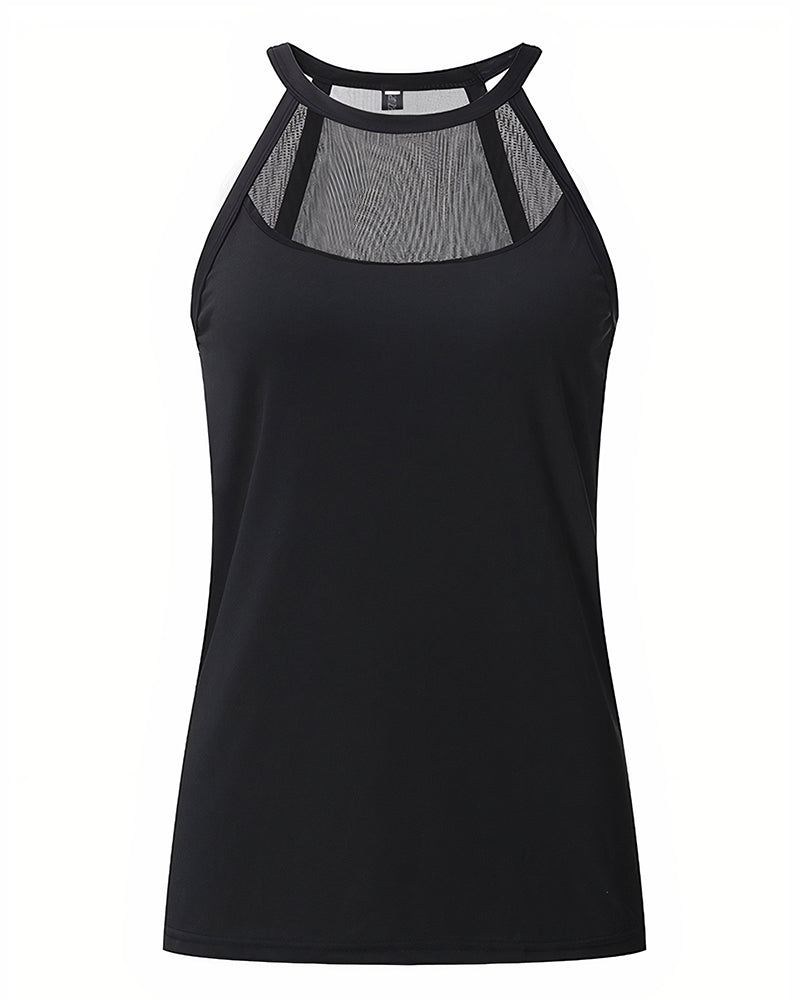 Contrast Mesh Round Neck Tank Top-Pinkami