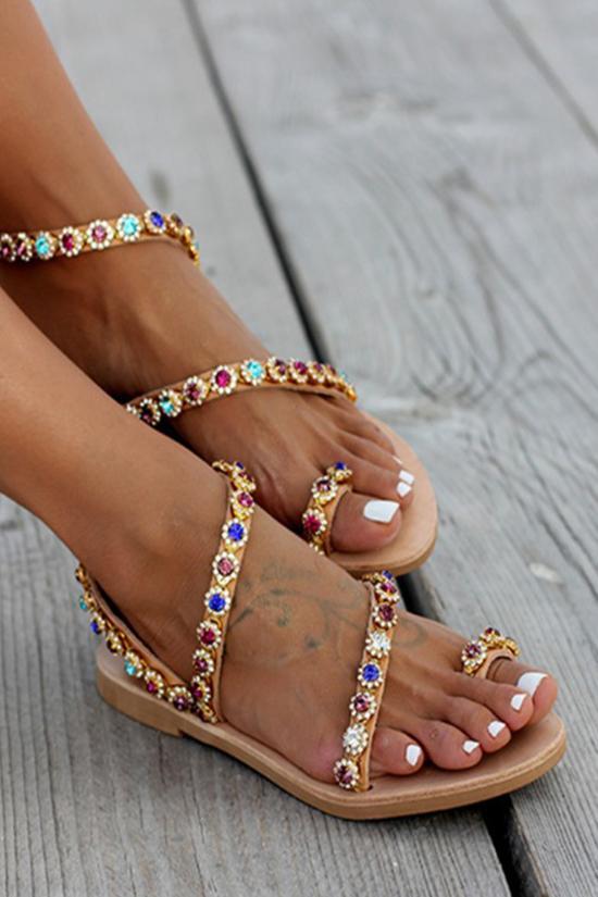 Colorful Rhinestone Embellished Toe Ring Flat Sandals-Pinkami